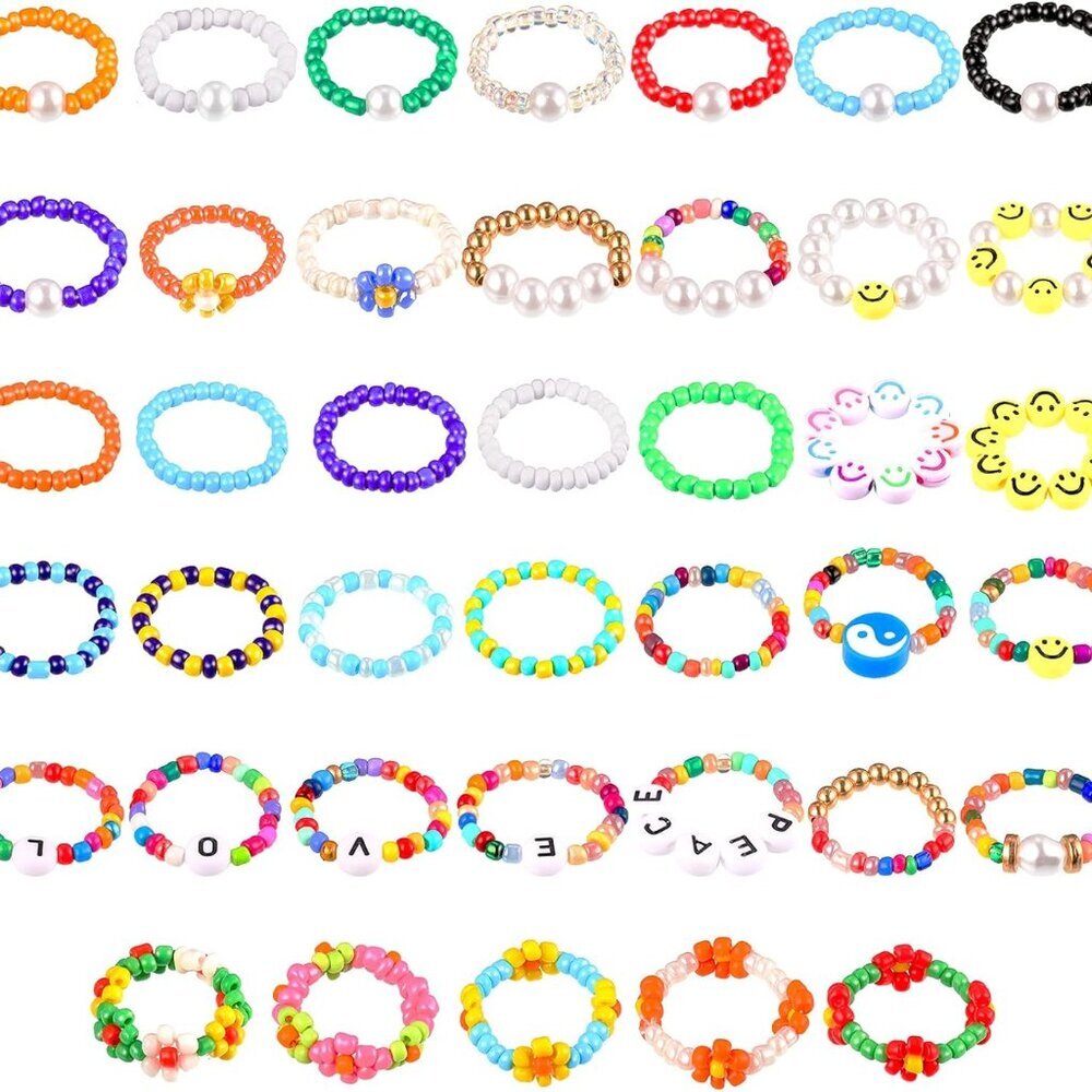 40 Pieces Flower Beads Rings Rainbow Colorful Rice Bead Rings Cute Handmade Smil